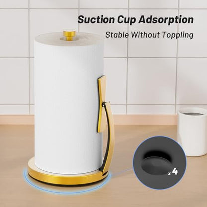 VEHHE Paper Towel Holder Countertop, Paper Towel Holder with Spring Activated Arm and Damping Effect, Simply Tear Paper Towel Stand for Bathroom and Kitchen (Gold) - color: Gold, size: Suction Base