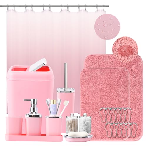 XLHOMO Bathroom Accessory Set–Bathroom Sets with Shower Curtain and Rugs, Non Slip Bathroom Rugs Super Absorbent, Pink Ombre Waterproof Shower Curtain with Hooks, Pink Bathroom Sets Complete for Home - color: Pink, size: Bathroom Set+Shower Curtain+Bath R