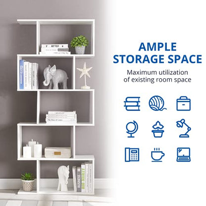 Set of 2 Geometric Bookcase, S-Shaped Modern Bookshelf, Room Divider Bookshelf, 62" Tall Unique Abstract Bookcase with 5-Tier Display Shelf for Living Room Office, White - color: White