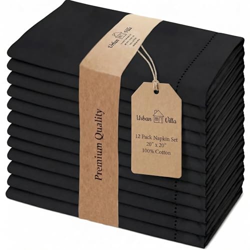 Urban Villa Hemstitch Cloth Dinner Napkins Cotton 20”x20” (Set of 12)-Black - color: 014 Black - Hemstitch, size: 20" x 20" (Set of 12)