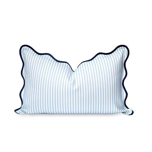 Hofdeco Premium Coastal Patio Indoor Outdoor Scalloped Lumbar Pillow Cover Only, 12"x20" Water Repellent for Backyard, Couch, Baby Blue Print Stripes - color: Baby Blue Stripes B 12"x20"
