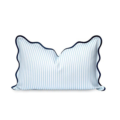 Hofdeco Premium Coastal Patio Indoor Outdoor Scalloped Lumbar Pillow Cover Only, 12"x20" Water Repellent for Backyard, Couch, Baby Blue Print Stripes - color: Baby Blue Stripes B 12"x20"