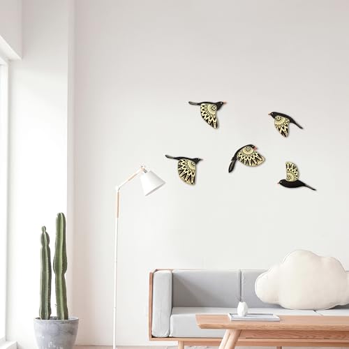 Vumyhuby 5-Piece Black Wooden Bird Wall Art, Rustic Folk Flying Bird Decor - color: Black