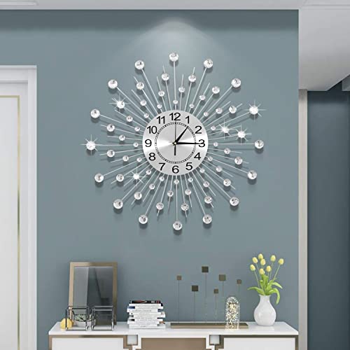 24 Inch Crystal Large Wall Clock for Living Room Decor, Modern Metal Starburst Wall Clock Decor, Bling Crystal Clock for Kitchen Office Bedroom Living Room Decorative - color: Silver ~24.0 Inch