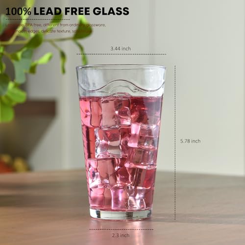 ALINK 16 oz Vintage Drinking Glasses, Set of 6 Wave Line Highball Glass Cups Bar Glasses, Clear Heavy Base Stemmed Water Glasses for Beer, Iced Coffee, Cocktail, Wine, Iced Tea, Dishwasher Safe - style: Wave Design