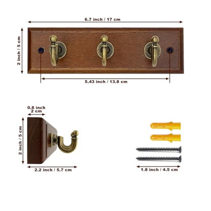 6.7 inch Wooden Key Holder for Wall, Decorative Key Rack with 3 Hooks | 1-Pack, Brown, Retro Metal Hooks, Natural Solid Wood
