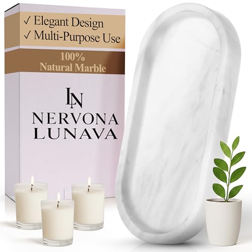 Lunava Real Natural Marble Tray for Bathroom Counter, Oval Natural Marble Tray for Kitchen Counter, Hand-Polished Natural Stone Caddy for Vanity, Sink, or Dresser, 9.8"x4.7"in, White - color: White Marble
