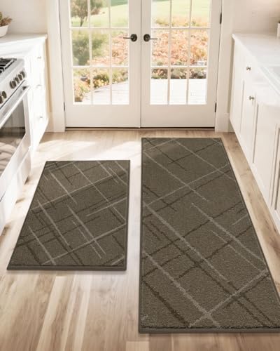 COSY HOMEER Kitchen Rugs,3 PCS Kitchen Mats Non Slip Washable,Brown | Absorbent Kitchen Runner Rugs for Floor, Polyester Kitchen Sink Rug 24"x36" + 24"x60" - color: Brown, size: 24"x36" + 24"x60"