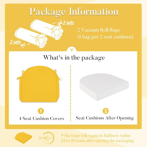 Basic Beyond Outdoor Cushions for Patio Furniture: Waterproof & UV Resistant Outdoor Chair Cushions Set of 4-19 x 19 x 3 Inch Thick Patio Chair Cushions with Adjustable Ties & Handle, Yellow - color: Yellow