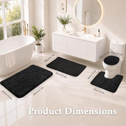 Black Memory Foam Bathroom Rugs Set 4 Piece, Ultra-Soft Velvet Memory Foam Bath Mats Set, Absorbent & Quick-Drying, Non-Slip Backing, Machine Washable Bath Mats for Bathroom, Tub & Shower (Black)
