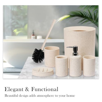 CERBIOR Bathroom Accessories Set 6 PCS Wheat Straw BathroomSet,Beige | Includes Soap Dispenser,Tooth Brush Holder,Toothbrush Cup, Soap Dish for Decorative Countertop and Housewarming Gift - style: beige