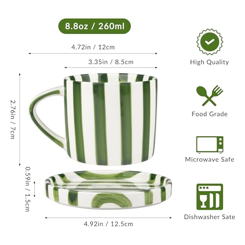 Ceramic Coffee Mug,9oz Hand-Painted Green Espresso Cup & Saucer | Vertical Striped Art Small Cute Aesthetic Cup with Handle,Porcelain Stylish Mug Set Suit for Tea Matcha Latter,Multiple Use