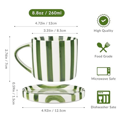 Ceramic Coffee Mug,9oz Hand-Painted Green Espresso Cup & Saucer | Vertical Striped Art Small Cute Aesthetic Cup with Handle,Porcelain Stylish Mug Set Suit for Tea Matcha Latter,Multiple Use