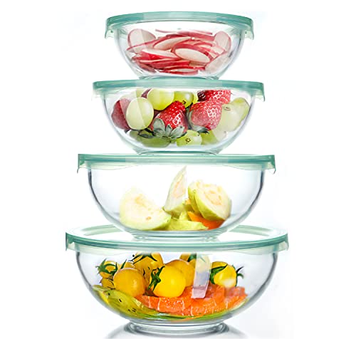 Luvan Glass Mixing Bowl with Airtight Lids, (1QT, 1.5QT, 2.5QT, 3.7QT), 8-piece Kitchen Salad Bowls Clear Nesting Big Cooking Bowl, Microwave Oven Safe for Meal Prep,storage,Baking,Serving - color: 4 Pack Clear Green