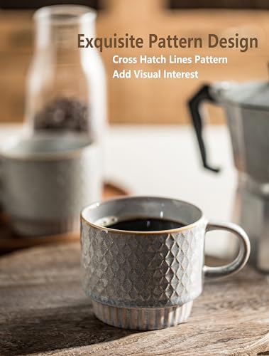 Gomakren Stackable Coffee Mugs Set of 4 Coffee Cups with Stand, Light Gray | 13oz Ceramic Embossed Grid Mugs, Black Metal Storage Rack, Lead-Free Dishwasher Safe, with Gold Spoons for Home Coffee Bar - color: Light Gray