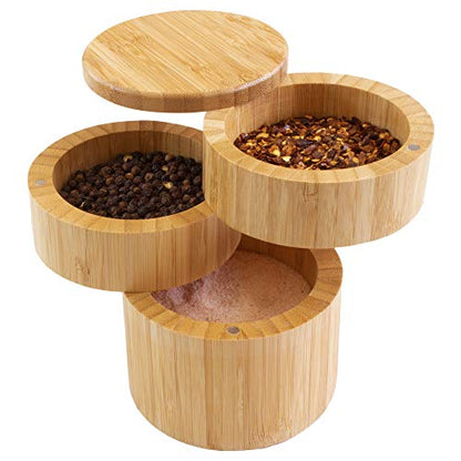 Totally Bamboo Triple Salt Cellar, 3-Tier Salt and Pepper Container | Bamboo seasoning box keeps salt, pepper, herbs, and spices easy to reach. Smooth swivel lids for quick access while cooking. - style: Three Tier Salt Box