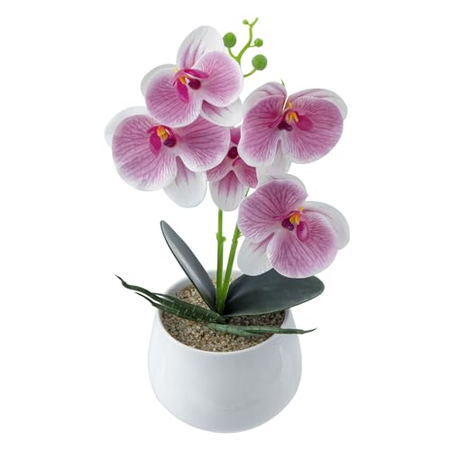 MyGift Faux Pink Orchid Arrangement in White Ceramic Pot – Realistic Artificial Orchid Flowers for Home, Office, or Tabletop Decor - color: Pink Orchids