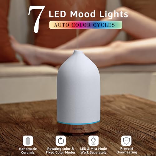 200ML Ceramic Essential Oil Diffuser for Home, Stone Diffuser | Ultrasonic Aromatherapy Diffuser & Air Humidifier for Bedroom, Office, Yoga, 7 LED Lights, Auto Shut-Off, 3 Timers,Wood Grain - color: Wood