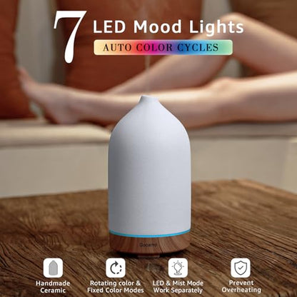 200ML Ceramic Essential Oil Diffuser for Home, Stone Diffuser | Ultrasonic Aromatherapy Diffuser & Air Humidifier for Bedroom, Office, Yoga, 7 LED Lights, Auto Shut-Off, 3 Timers,Wood Grain - color: Wood