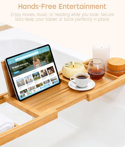 Bathtub Tray Caddy Expandable, Foldable Bath Tray, Bathtub Trays for Tub with Book, Wine Glass Holder, Anniversary House Warming Gifts, Relaxation, Bathroom Accessories, Fits Most Bathtubs Sizes