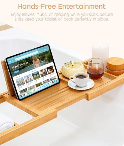 Bathtub Tray Caddy Expandable, Foldable Bath Tray, Bathtub Trays for Tub with Book, Wine Glass Holder, Anniversary House Warming Gifts, Relaxation, Bathroom Accessories, Fits Most Bathtubs Sizes