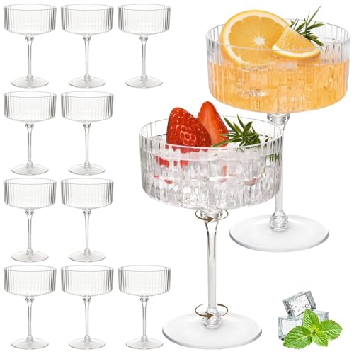 Set of 12 Plastic Martini Glasses, 10 oz Ribbed Coupe Glasses for Cocktails and Martinis, Disposable Espresso Martini Glasses. Ideal for Parties, Weddings, and Home Bars, Crystal Vintage Cups (Clear) - color: Clear