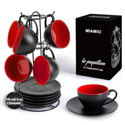 MIAMIO - Set of 6, Ceramic Stackable Cappuccino Cups Set / 6 Ounce Cappuccino Mugs and Saucer with Metal Stand for Coffee Drinks, Cafe, Latte, Americano and Tea - Le Papillon Collection (Red) - color: Red