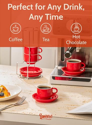 Sweese 2.5 Ounce Porcelain Stackable Espresso Cups with Saucers and Metal Stand Set of 4, Red - color: Red, size: 2.5 Ounces