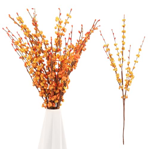 10Pcs 17.5" Artificial Jasmine Flower Stem for Autumn Vase DIY Wreath Decor | Burnt Orange Jasmine Flower Bouquet Fall Pussy Willow Branches Vase Filler Thanksgiving Home Wedding Table Centerpieces Decor - color: Autumn Yellow, size: 10pcs-17.5''