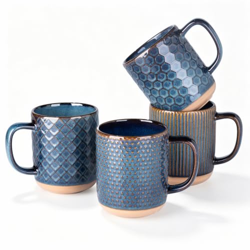GBhome Coffee Mugs Set of 4, 16 oz Blue Coffee Cups with Large Handle | 4 Assorted Designs, Embossed Ceramic Coffee Mugs for Coffee/Tea/Cappuccino, Dishwasher&Microwave Safe, Deep Sea - color: Deep Sea, size: Set of 4
