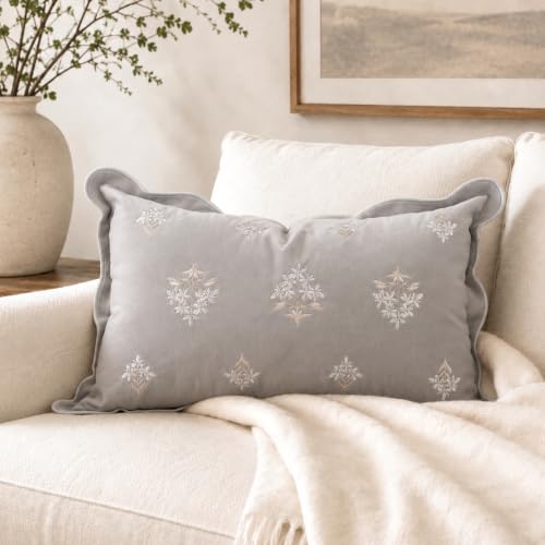 BlissBlush Lumbar Pillow Cover 12x20, Light Gray Velvet Decorative Lumbar Pillow Cover, Floral Accent Cushion Cover with Embroidery and Scalloped Edge for Couch Sofa Bed, Cover ONLY - color: Cool Light Gray, size: 20" x 12" (Pack of 1)