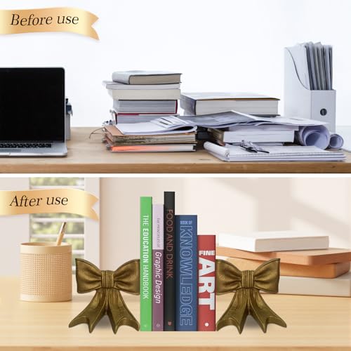 Gold Bow Bookends, Set of 2 Heavy-Duty Metal Book Ends for Heavy Books, Decorative Book Ends Holders for Shelves, Modern Home Office Desk Accent Decor(4.3 Pounds)