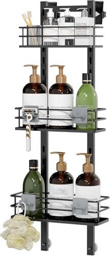 Orimade Adjustable Hanging Over the Shower Door Caddy with Hooks, Bathroom Organizer Shelf Storage Rack,No Drilling Rustproof Basket for Inside Shower, Matt Black 3 Tier