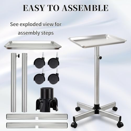 Salon Tray, Salon Color Tray with Adjustable Height, Salon Tray on Wheels, Salon Rolling Tray, Ideal Use As Tattoo Tray＆Dental Tray - color: Silver