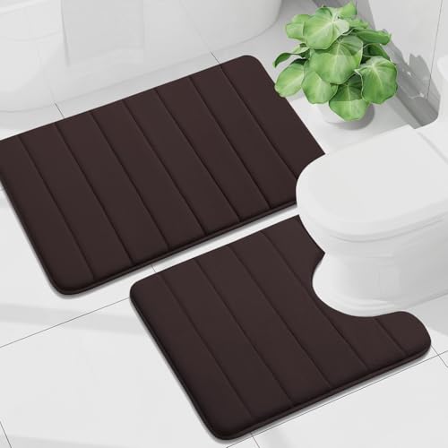 Buganda Memory Foam U-Shaped Toilet Rug Bath Mat Sets 2 Piece, 30x20+24x20 | Brown, Bathroom Mat and Contoured Toilet Rug, Machine Wash Dry, Soft Absorbent Bath Rug for Bathroom, Shower and Tub - color: Brown, size: 30" X 20"+24" X 20"