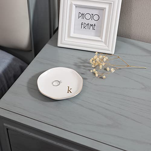 Initials Ring Dish Jewery Tray with Personalized K-Monogrammed Engagement Wedding Gifts for Friends,Sister,Birthday Christmas Gifts for Women,Ceramic White - style: k