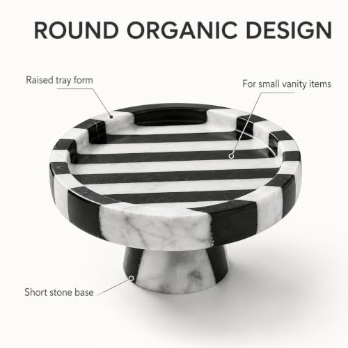 Black White Marble Vanity Tray, Round Stone Organizer | Round organic shape, black white marble pattern varies, for jewelry perfume, props not included - color: Black White Round