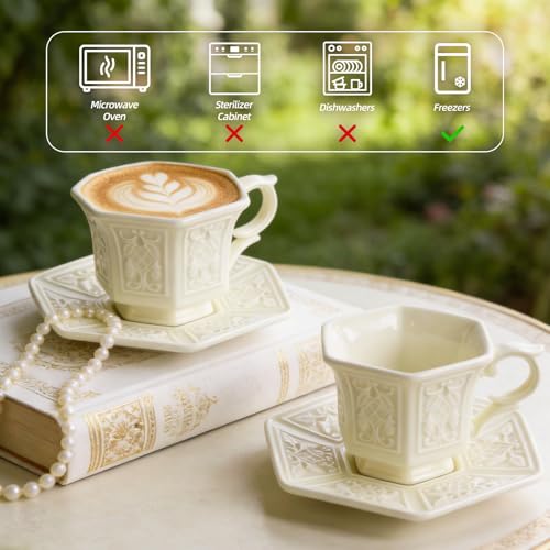 KAMMAK Tea Cups and Saucers Set of 2, 6 oz Porcelain Coffee Cups, SY003 | Stackable Espresso Mugs, Ceramic Demitasse for Coffee, Cappuccino, Latte, Americano, Tea - size: 8CZSY003