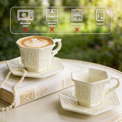 KAMMAK Tea Cups and Saucers Set of 2, 6 oz Porcelain Coffee Cups, SY003 | Stackable Espresso Mugs, Ceramic Demitasse for Coffee, Cappuccino, Latte, Americano, Tea - size: 8CZSY003