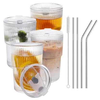 16 OZ Iced Coffee Cups with Lids and Straws Set of 4, Unbreakable Plastic Drinking Glasses Reusable Iced Coffee Glass to Go Cup for Iced Tea,Juice, Water,BPA Free, Dishwasher Safe - style: 4 Pack