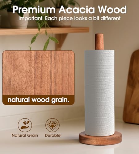 Acacia Wood Paper Towel Holder Stand – Wooden Kitchen Paper Towel Holder Countertop, PTHA, Freestanding Roll Holder for Kitchen & Bathroom & Farmhouse, Standard - size: Standard, style: Classic Acacia
