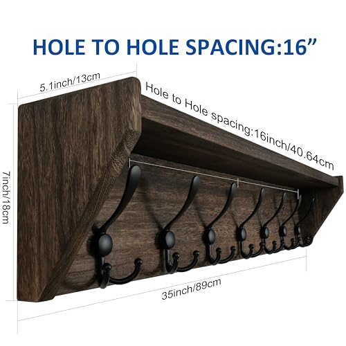WEBI Coat Rack Wall Mount with Shelf,35" Long Wall Shelf with Hooks Underneath,7 Triple Hooks for Entryway,Hallway,Bedroom,Weathered Brown - color: Weathered Brown, size: 35 Inch
