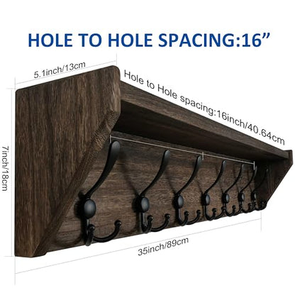 WEBI Coat Rack Wall Mount with Shelf,35" Long Wall Shelf with Hooks Underneath,7 Triple Hooks for Entryway,Hallway,Bedroom,Weathered Brown - color: Weathered Brown, size: 35 Inch