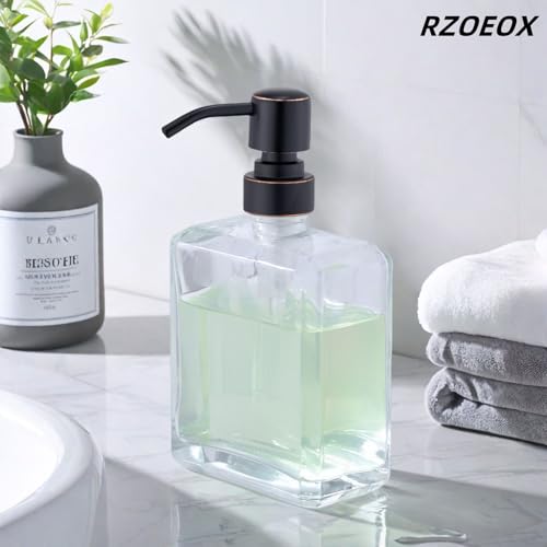 Clear Glass Soap Dispenser with Oil Rubbed Bronze Pump, 13.5 OZ Liquid Soap Dispenser Square with Stainless Steel Pump for Dish Hand Soap Bathroom Kitchen Vanity Countertop - color: Oil Rubbed Bronze, size: 13.5 oz