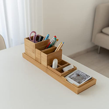Bamboo Vanity Tray Set, 6-Piece Bathroom Organizer for Small Items | 14.9-Inch Long, Modular 6-Piece Set for Makeup, Jewelry and Small Items on Bathroom, Kitchen or Desk Counters
