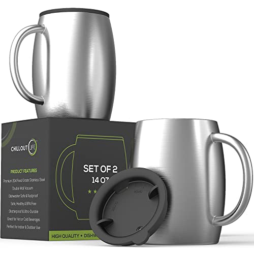 CHILLOUT LIFE Stainless Steel Insulated Coffee Mugs Set of 2 (14oz) – Double Wall Coffee Cups with Spill Resistant Lid & Strong Handle, Shatterproof Cups for Cold Drinks and Hot Beverages - color: Stainless Steel