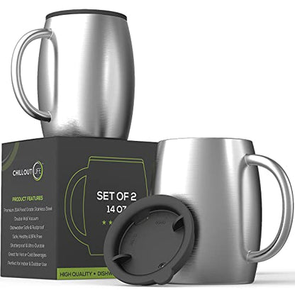 CHILLOUT LIFE Stainless Steel Insulated Coffee Mugs Set of 2 (14oz) – Double Wall Coffee Cups with Spill Resistant Lid & Strong Handle, Shatterproof Cups for Cold Drinks and Hot Beverages - color: Stainless Steel