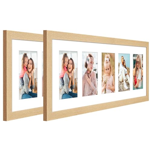 8x24 Collage Frame with 5 Openings 4X6 Pictures, Multiple Picture Frame with Mat, Wall or Tabletop Decor, Natural Wood Grain,2 Pack - color: Natural, size: 8x24-(5 open4x6)-2P