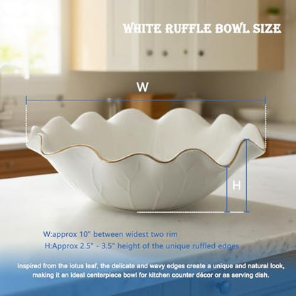 10" Large White Ruffle Lotus Design with Gold Trim Ceramic Fruit Bowl, Shallow Decorative Leaf Floral Bowl for Coffee Table Kitchen Counter and Home Decor Approx Capacity 45 fl oz - size: 10"