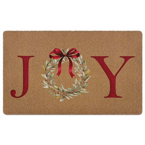 Red Joy Wreath Bow Christmas Door Mat, Holiday Welcome Artificial Coir Front Door Mat Indoor Outdoor Entrance, Winter Happy Xmas Doormat Rug for Porch Entryway Patio Decor, 17X30 Inch - color: Red-1